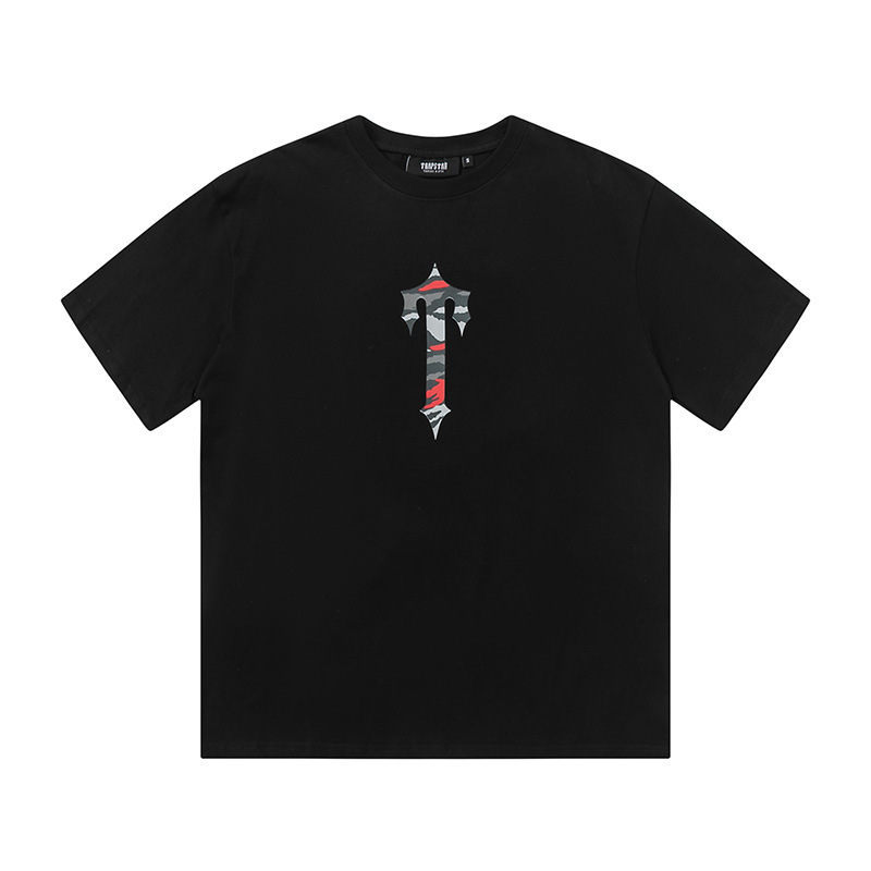 Venta al por mayor trampa gradiente letra cabeza de tigre manga corta europea y americana alta calle moda marca trampa estrella impresa camiseta suelta estrella