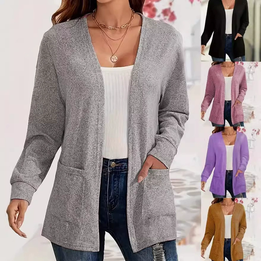 2024 Осень Зима Европа и США Трансграничные поставки Новый temu Amazon сплошной цвет карманный свободный тонкий кардиган с длинными рукавами