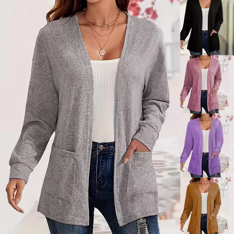2026 Autumn and Winter New European and American Style Solid Color Pocket Loose Thin Cardigan Women's Plus Size Long Sleeve Top Cross-Border 2026 Autumn and Winter New European and American Style Solid Color Pocket Loose Thin Cardigan Women's Plus Size Long Sleeve Top Cross-Border