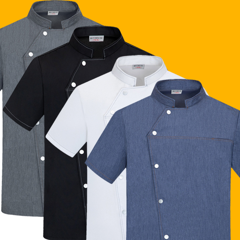 High-End Blue Chef Work Clothes Men's Short-Sleeved Summer Hotel Chef Clothing Women's Breathable Mesh Catering Kitchen Long-Sleeved