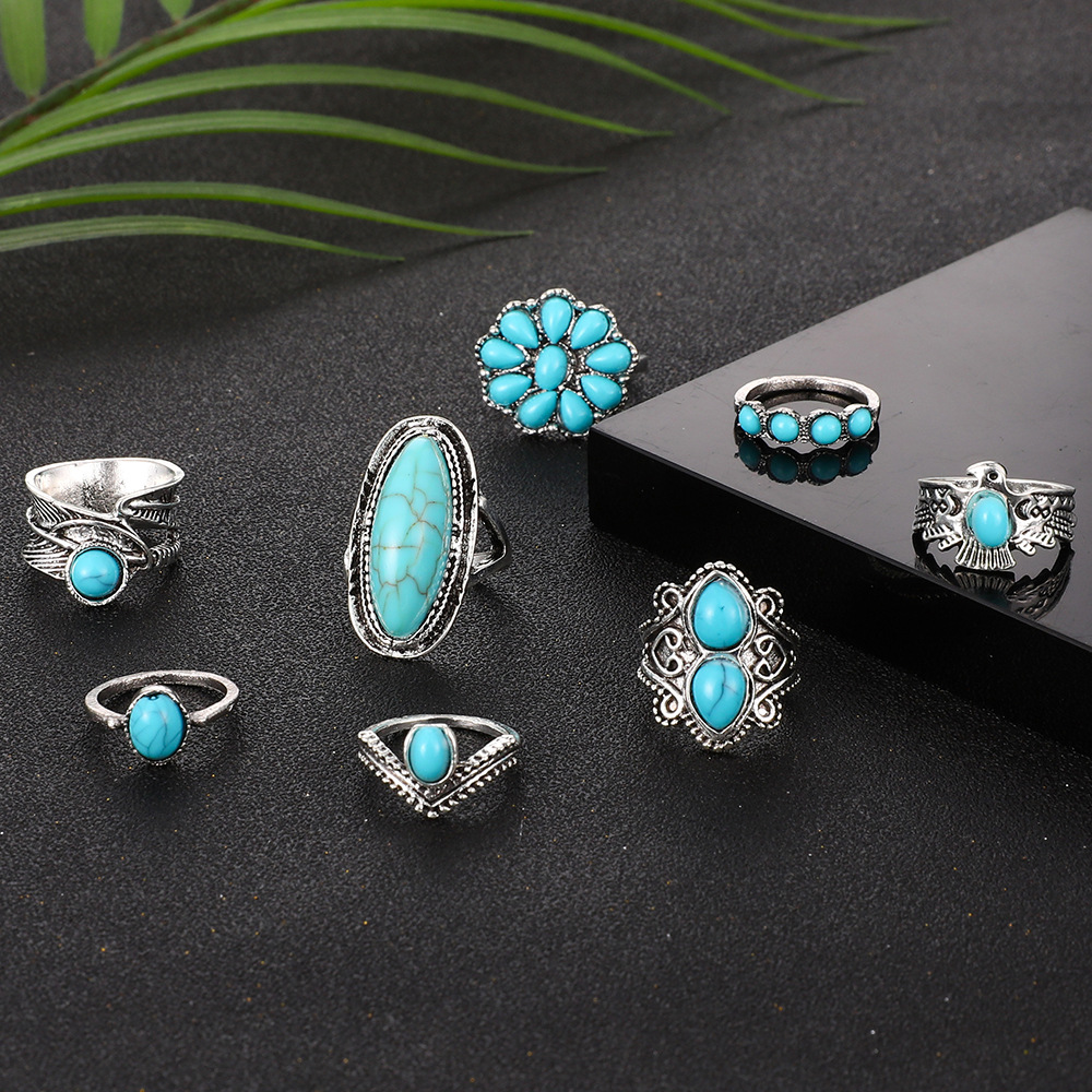 Exaggerated Ethnic Style Cool Style Leaf Round Snake Alloy Plating Inlay Turquoise Women's Rings display picture 34