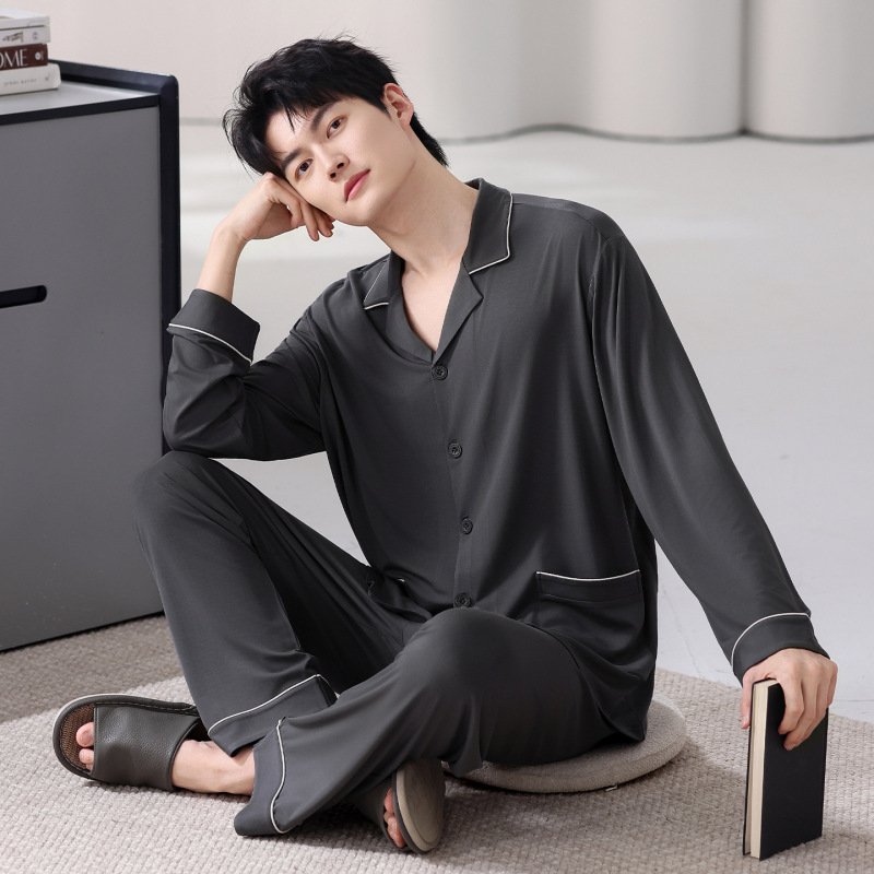 Men's Pajamas Modal Autumn and Winter Cardigan Lapel Long-Sleeved Loose Plus Size Casual Youth Home Wear Set Men's Pajamas Modal Autumn and Winter Cardigan Lapel Long-Sleeved Loose Plus Size Casual Youth Home Wear Set