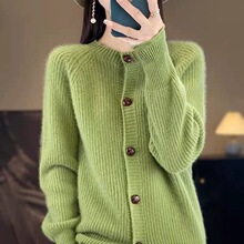 2024春秋新款开衫女长袖圆领针织衫宽松纯色毛衣外套上衣