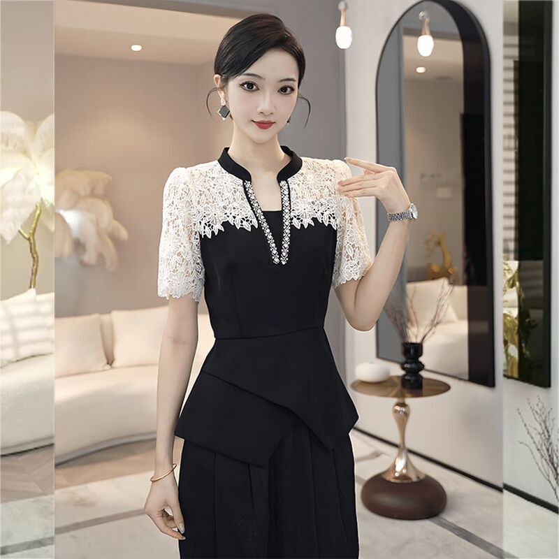 Summer Black Short-Sleeved Shirt for Women 2025 New Style High-End Light Luxury Chic Unique Lace Splicing Shirt Top