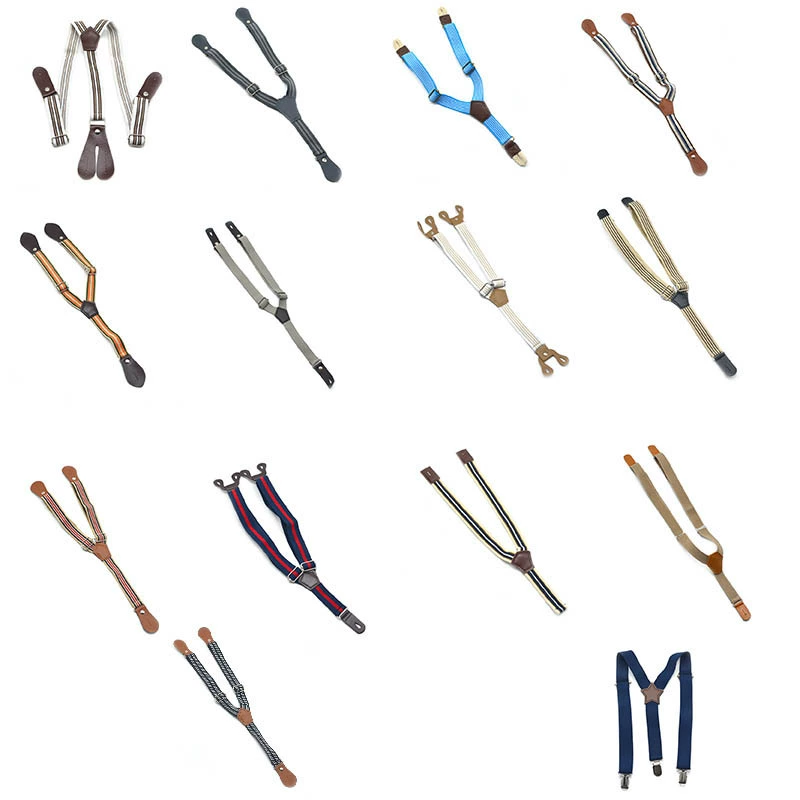 Производитель производит эластичные подтяжки двойного назначения с тремя зажимами, ретро Y-образные подтяжки, детские подтяжки, полосатые жаккардовые подтяжки.