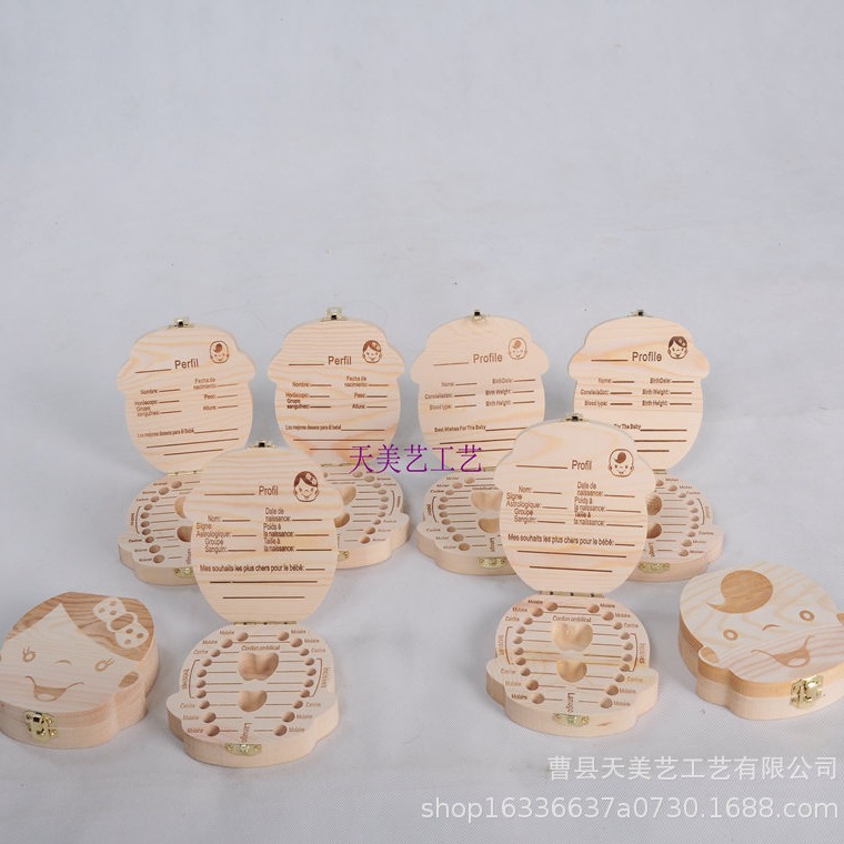 Caja de dientes de leche para bebés de madera real para hombres y mujeres lindos, caja de almacenamiento de colección de dientes personalizada, versión en inglés transfronteriza creativa para niños