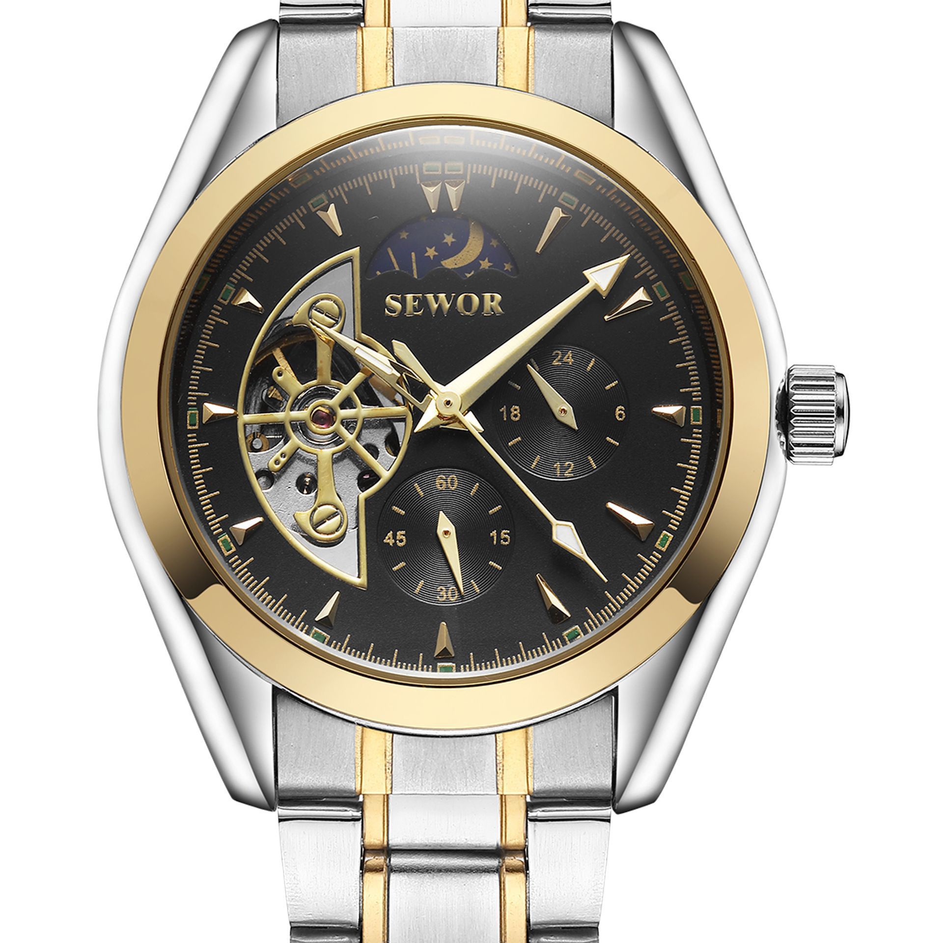 SEWOR reloj mecánico automático para hombre de aprendizaje diario Star Hollow personalidad multifuncional casual correa de acero reloj