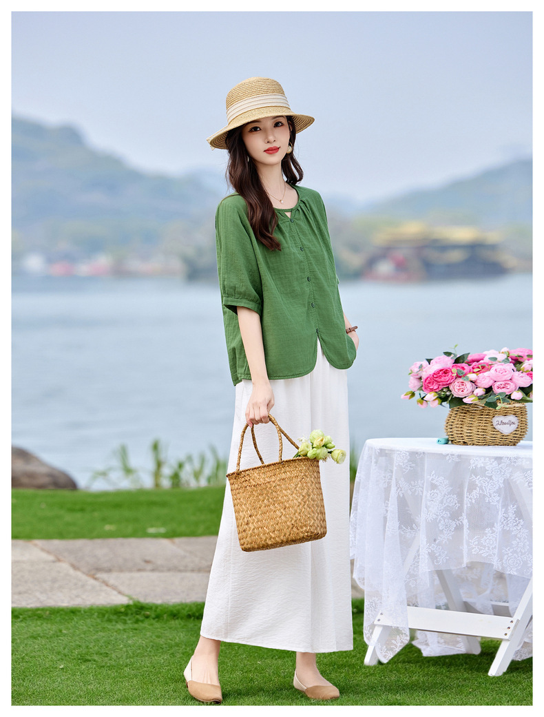 Bộ sơ mi phối quần ống đứng hai mảnh phong cách tân cổ điển MM6615 — màu sắc, xanh lá cây chi tiết 12