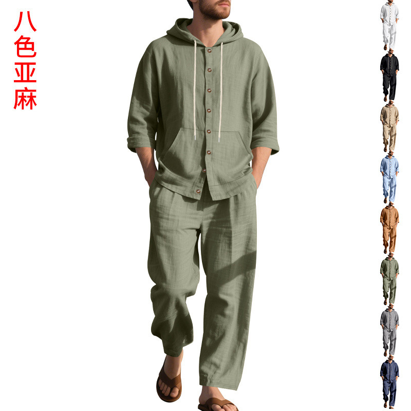 Europa y América transfronterizas primavera nueva lino relajado americano casual simple hombre encapuchado camisa de mangas largas pantalones largos