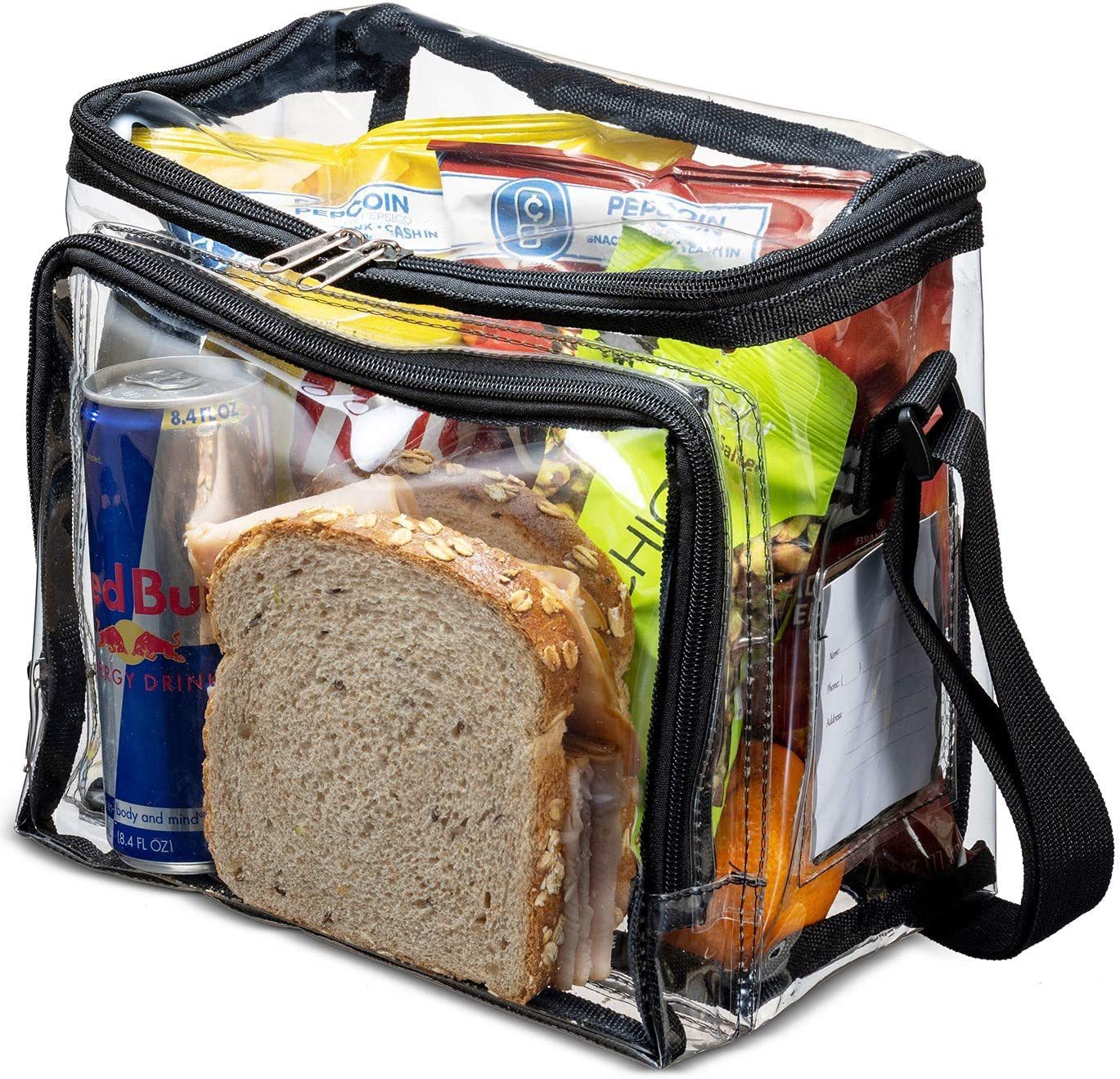 PVC Transparent Adjustable Strap Front Storage Compartment Mesh Pocket Outdoor Lunch Bag_voghion.com