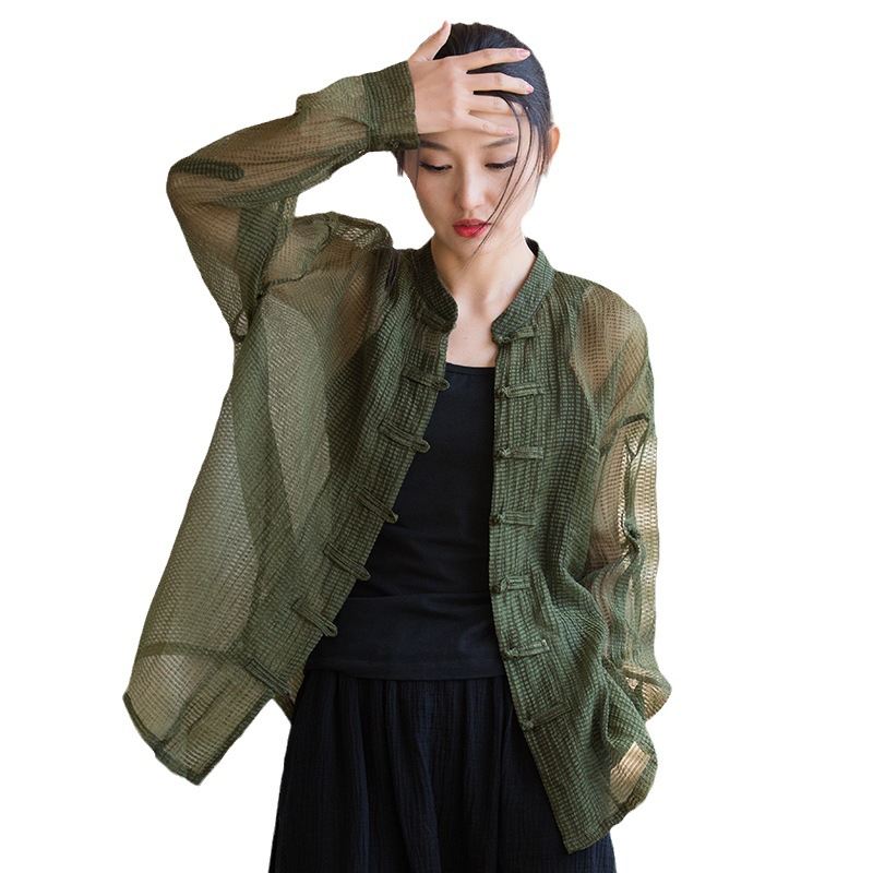 Camisa de mujer de algodón y lino de estilo chino diseño de mujer sentido nicho protección solar moda nacional aire acondicionado camisa cardigan top coat verano image 6