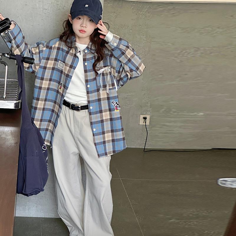 Zhili children's clothing girls' plaid bow shirt autumn style girls' casual long-sleeved cartoon T-shirt jeans