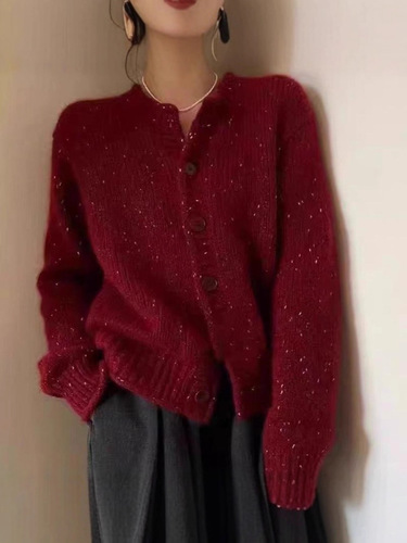 Autumn and winter bright silk Christmas red 100 wool cardigan for women European goods new life sweater thick sweater coat