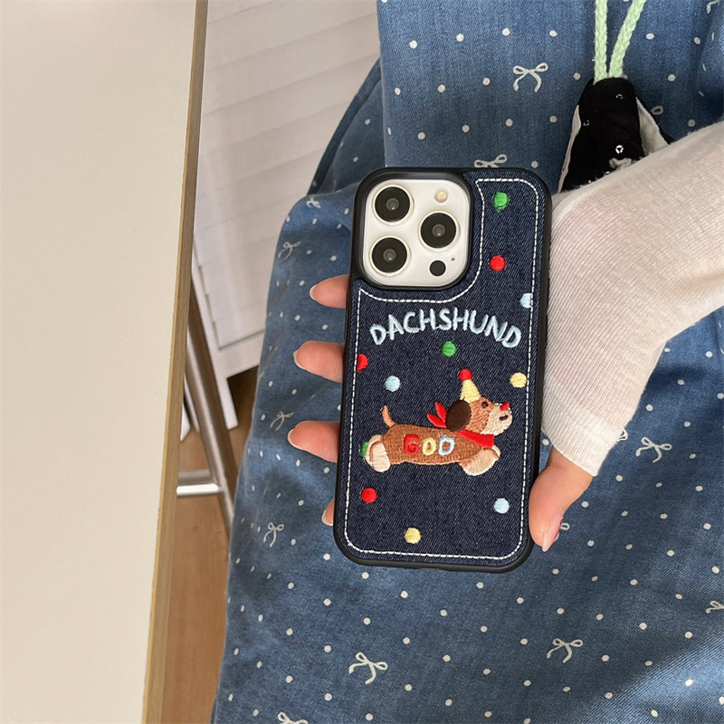 Perro salchicha de lunares de mezclilla bordado coreano para iPhone 15 funda para teléfono móvil 13 Apple 14ProMax cadena 12