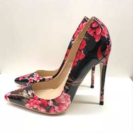 印花欧美新款12cm尖头高跟鞋细跟花朵花色超细高跟女单鞋旗袍鞋45