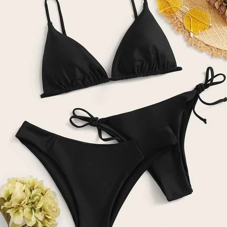 Schwarzer Damen-Bikini mit niedrigem Bund, Schnürung, europäisch-amerikanischer Stil, einfarbiger zweiteiliger Badeanzug_voghion.com