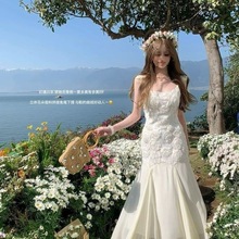 法式重工刺绣玫瑰网纱仙女吊带连衣裙夏新款甜美收腰包臀鱼尾长裙