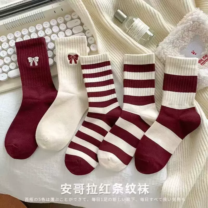 安哥拉红袜子女秋冬季中筒袜ins甜美蝴蝶结女袜条纹百搭透气棉袜