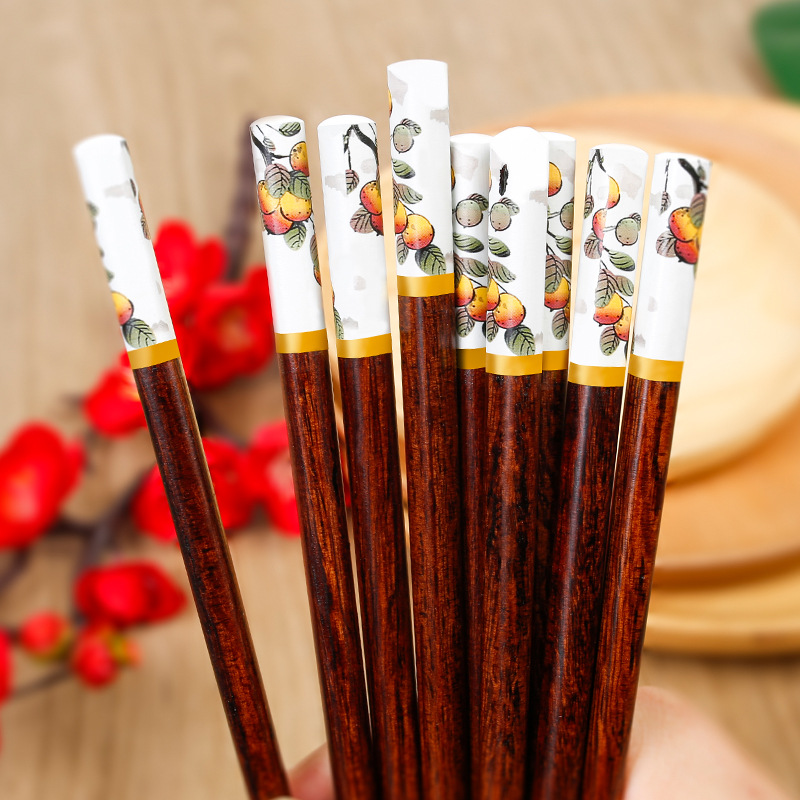 National Chaozhou Home Palillos de madera maciza, todo lo mejor, impresión, antideslizante, no fácil de mohosos, palillos de 24cm, 10 pares de cajas de regalo al por mayor