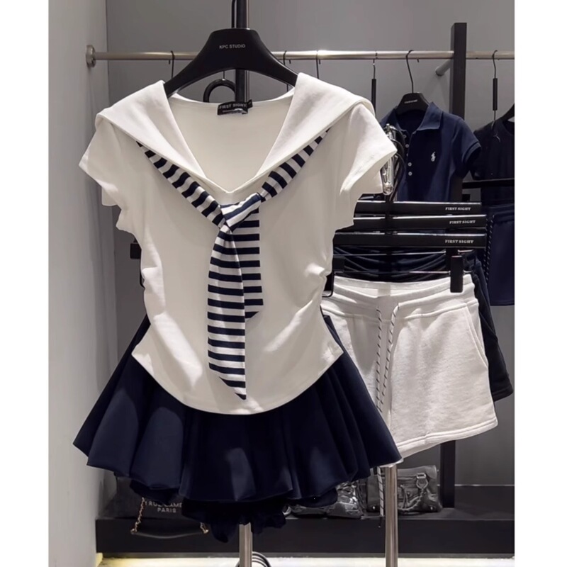 Korean Style Complete Set of Casual Sportswear for Women, New Summer Style Shawl Navy Collar T-Shirt + Cloud Puffy Skirt Set for Women