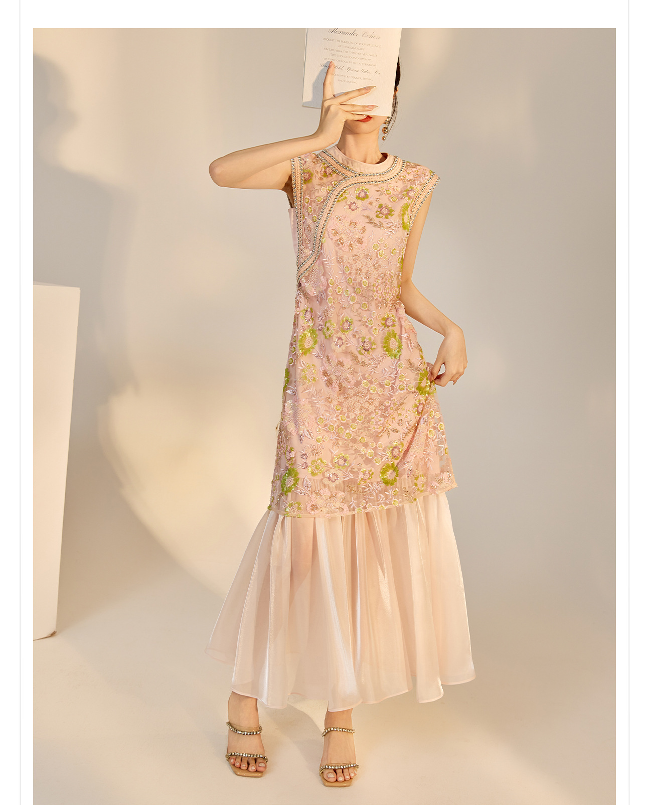 Váy sườn xám maxi thêu sequin phong cách Trung Quốc mới mùa hè N5042 — hồng, Xanh lam sông băng chi tiết 30