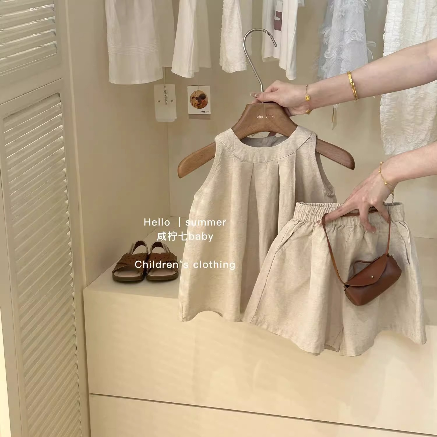 Korean children's clothing 2024 summer new suit girls solid color foreign style sleeveless vest top shorts two-piece fashion