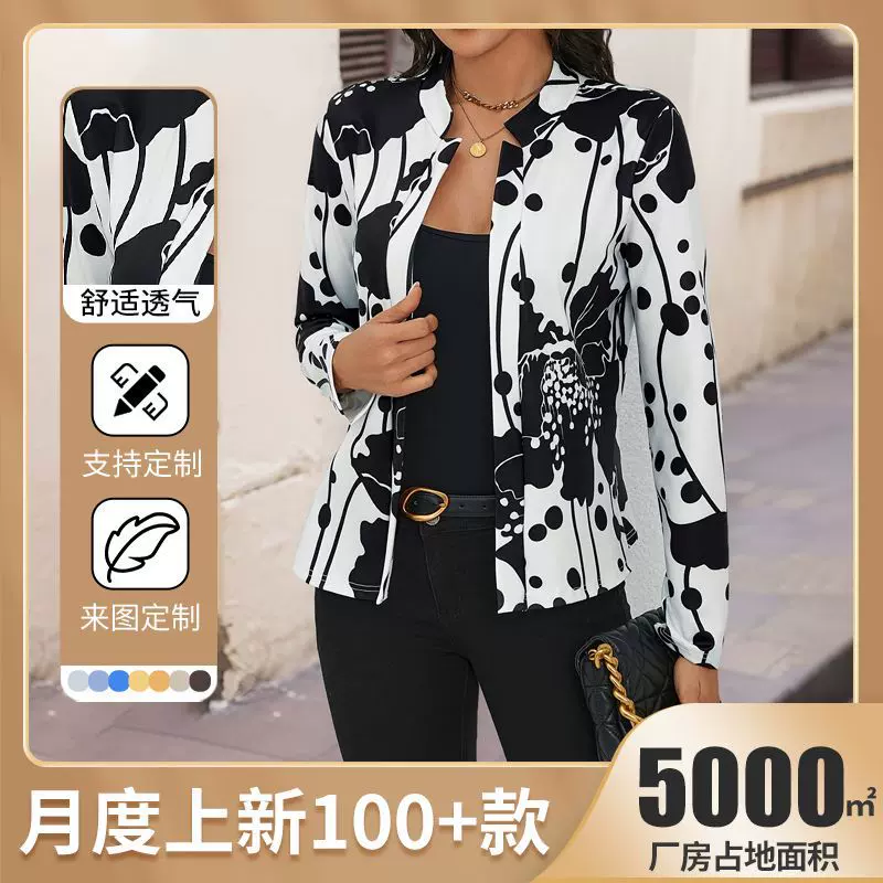跨境女装春季新款黑白花朵印花开门襟无扣休闲时尚通勤西装外套