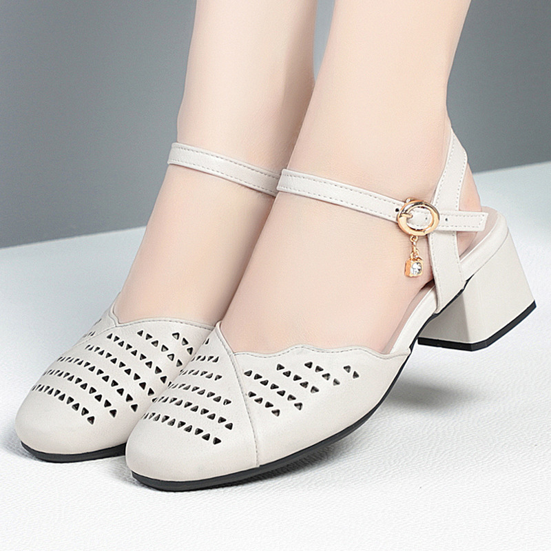 Sandal nữ hở gót mũi nhọn da thật gót thấp đi làm — Mơ【Kiểu hở gót】