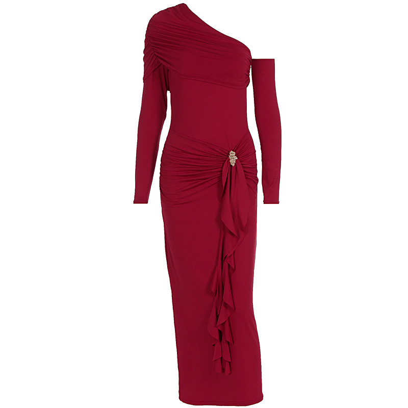 Women Asymmetrical One Shoulder Solid Color Long Sleeve High Waist Bodycon Sexy Hip Wrapped Ruched Party Evening Dress_ecoleips.com