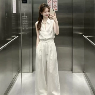 韩系巨好看穿搭一整套2026新款白色无袖上衣女夏季阔腿裤两件套装