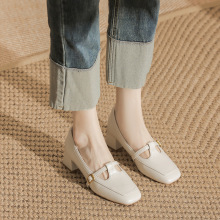 跨境代发气质百搭粗跟玛丽珍鞋女 复古时尚方头浅口通勤风小皮鞋
