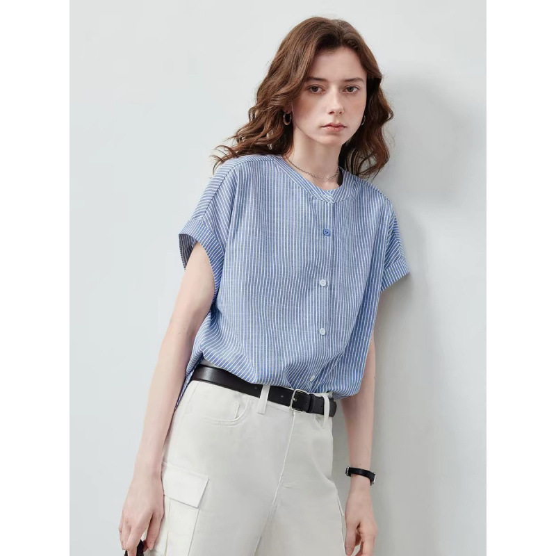 Blue and White Striped Shirt for Women 2026 Summer New Style Rolled Hem Long Sleeves Short Front Long Back Loose Shirt Blue and White Striped Shirt for Women 2026 Summer New Style Rolled Hem Long Sleeves Short Front Long Back Loose Shirt