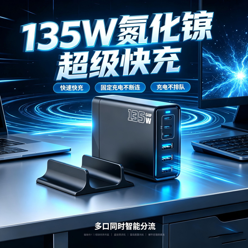 135W GaN multi-port charger desktop fast charging station multi-device simultaneous fast charging power adapter 135W GaN multi-port charger desktop fast charging station multi-device simultaneous fast charging power adapter