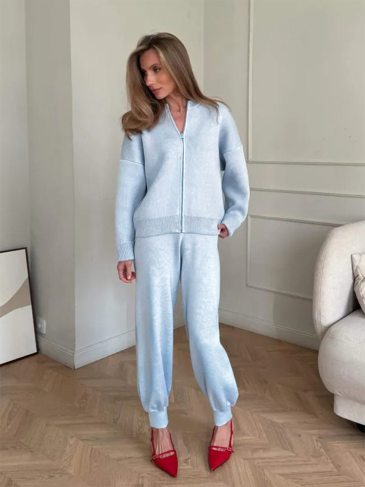 Bộ áo cardigan dệt kim khóa kéo dài tay phối quần ống rộng cho nữ — Màu nâu, Màu trắng, Màu xanh dương