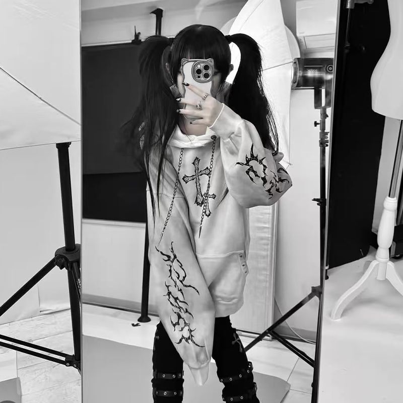 Japanese-Style Autumn and Winter Y2K Subculture Gothic Dark Style Cross Print Street Popular Loose Hooded Sweatshirt
