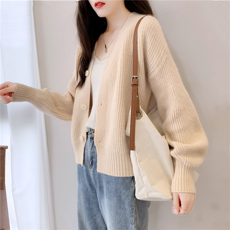 French V-Neck Candy Color Long Sleeve Cardigan Women's Loose Knit Sweater Coat Casual Elegant Outerwear_ecoleips.com