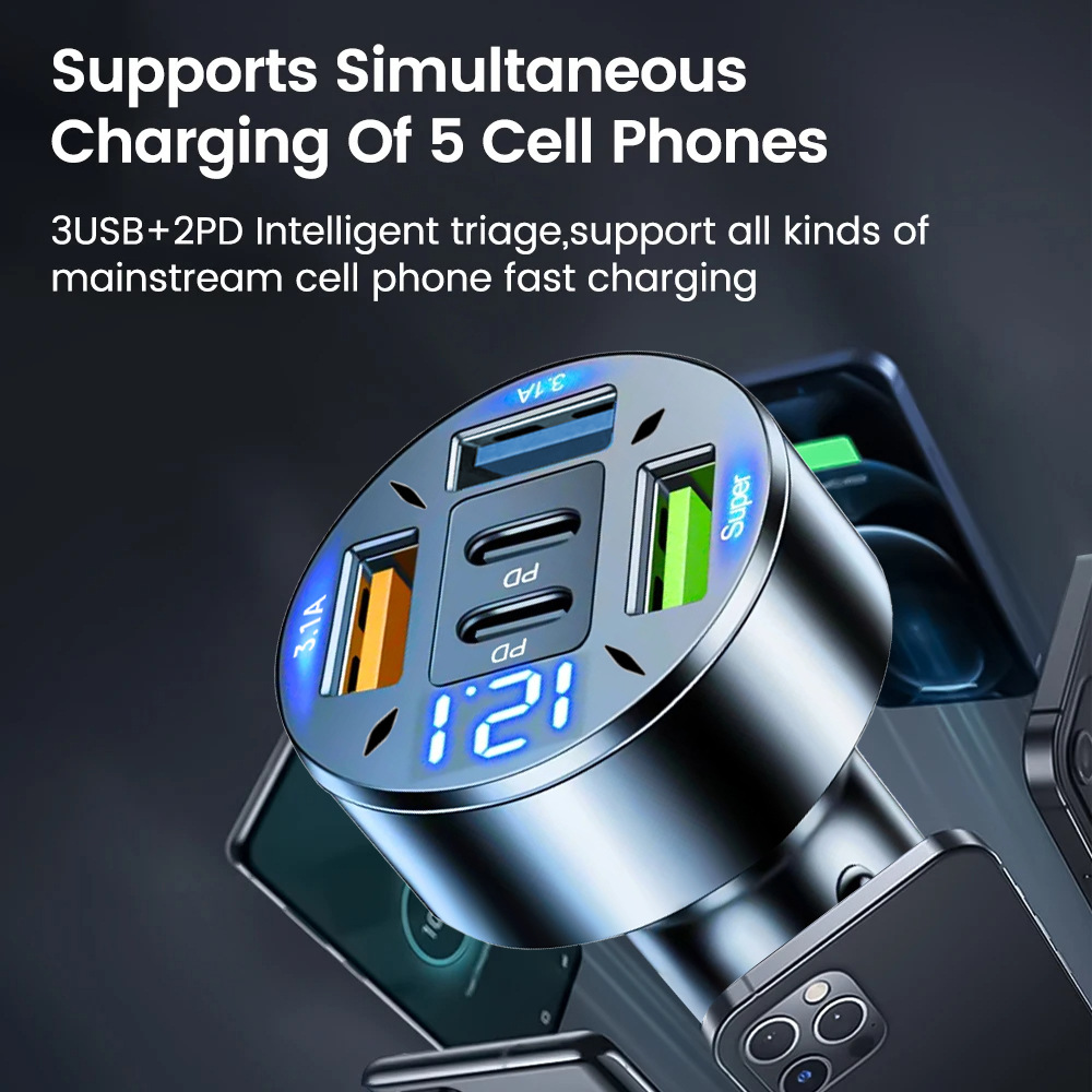 Multi-port with digital display support super fast charging 6/8 port with voltage vehicle-mounted one-to-six/8-car fast charging cross-border