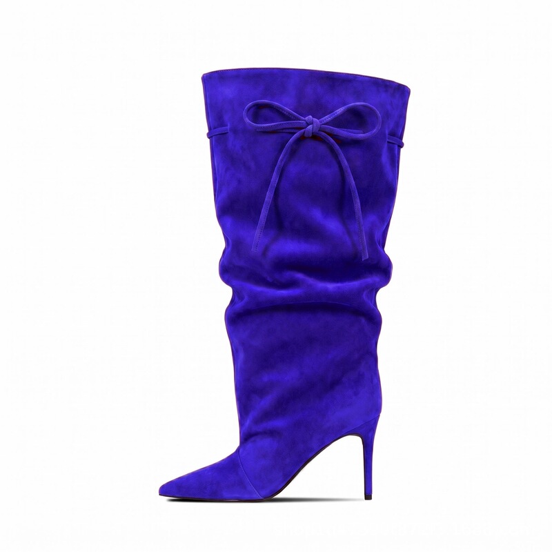 Cross-Border European and American Fashion Boots with Pointed Toe, Thin Heel, Wide Tube Design, Suede Knee-High Boots, Large Sizes 35-47
