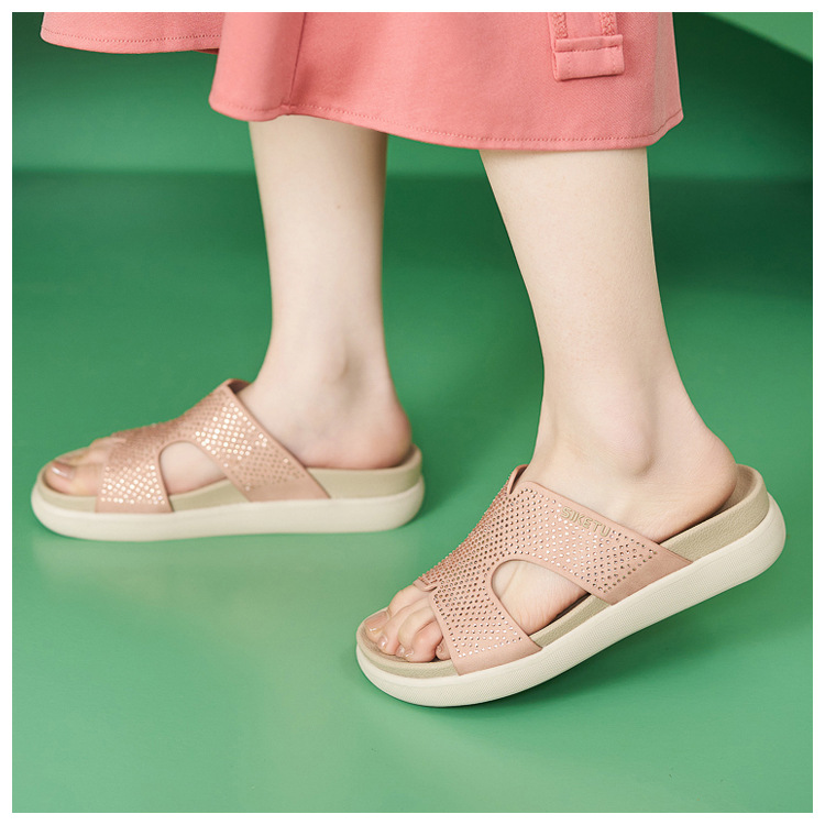 Dép sandal nữ xỏ ngón đế bệt đính đá lấp lánh phong cách Hàn Quốc — màu đen, màu hồng, màu mơ chi tiết 12