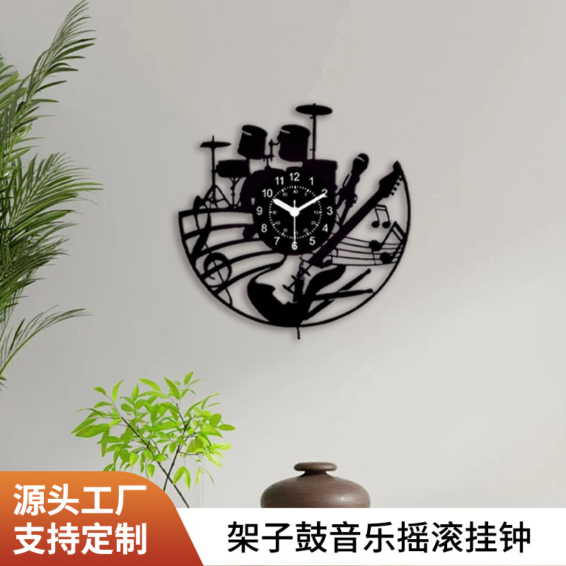 黑胶艺术创意唱片挂钟创意时钟架子鼓乐器造型跨境亚马逊外贸墙钟