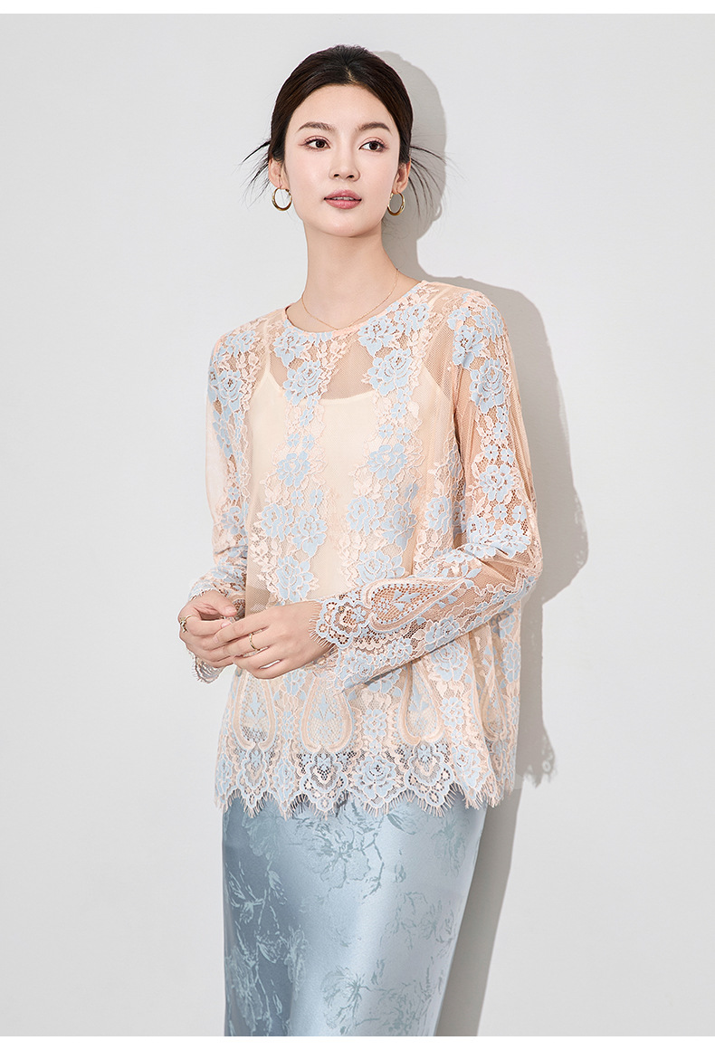 Áo sơ mi ren jacquard phong cách Pháp thanh lịch tay dài — Màu hồng chi tiết 11