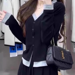 假两件长袖T恤女士2025春秋新款修身内搭打底衫显瘦针织开衫上衣