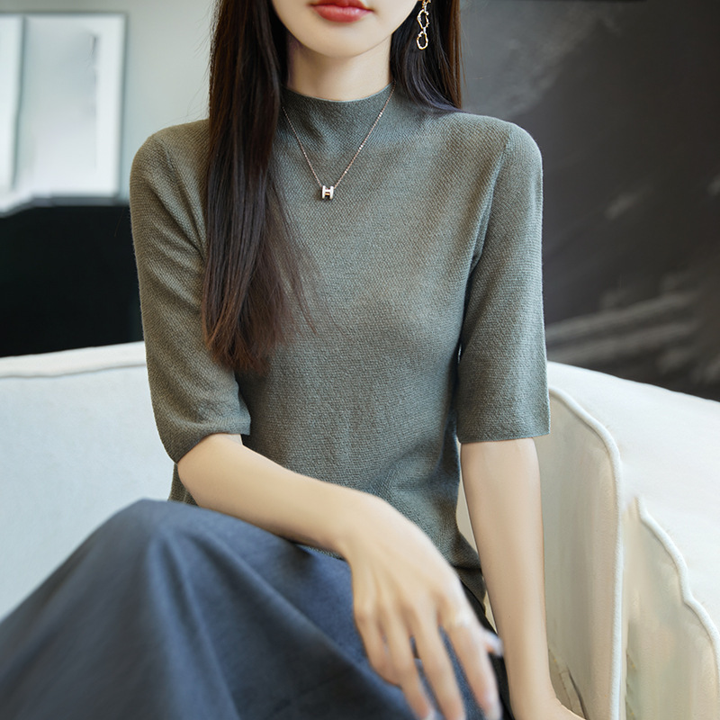 Pineapple-Patterned Mid-Sleeve Knit Sweater, Autumn and Winter Style, Simple and Sophisticated, 60-Count Wool, Half-Turtleneck, Five-Quarter Sleeve Base Layer