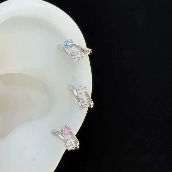 Korean-Style Design Layered Micro-Inlaid Zircon Star Pentagram Cute Copper Alloy Straight Pin Hoop Earrings for a Girly Look