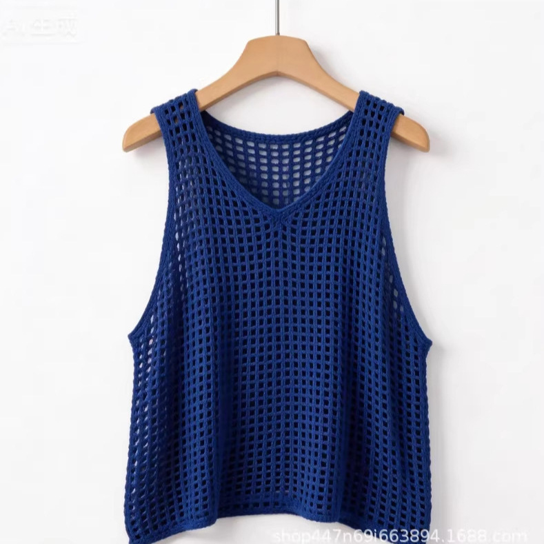 2025 Spring New Slim-Fit Versatile Round-Neck Pullover Hollow Fishnet Knit Vest Top for Women