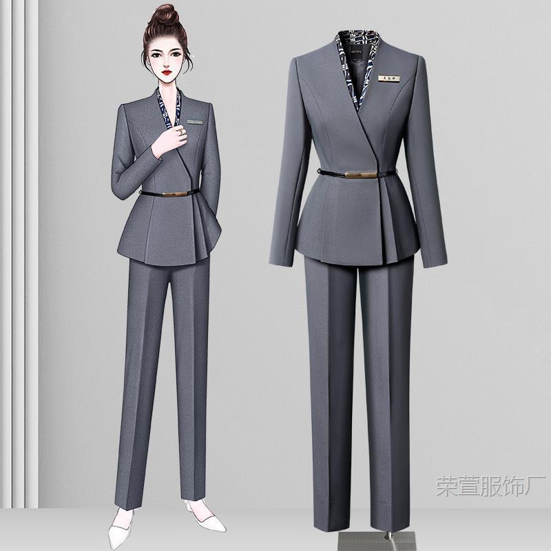 Gray Classy Professional Suit Women's Waist Suit Uniform Hotel Front Desk Workwear Sales Office Jewelry Store Workwear