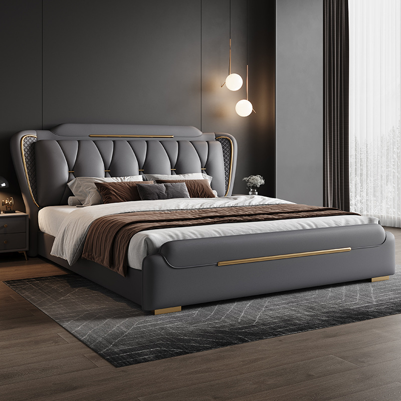 New Italian light luxury bed modern minimalist double bed master bedroom 2m x 2m large bed 1.8m wedding bed minimalist leather bed