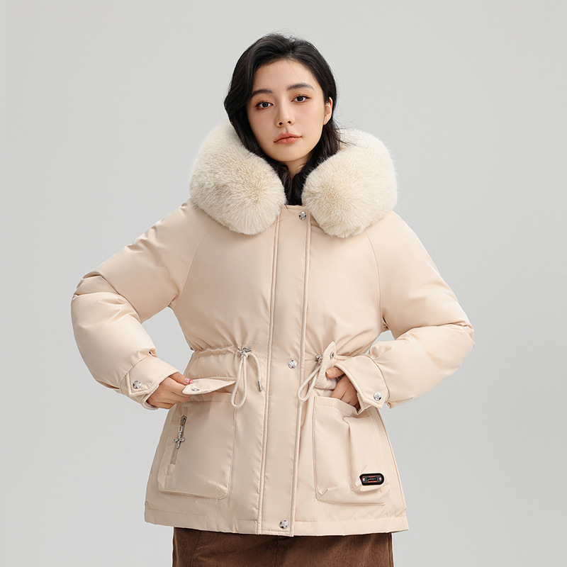 2025 invierno nuevo comercio exterior grueso para superar la cintura femenina delgada con capuzas cuello de cabello grande abrigo de algodón cálido
