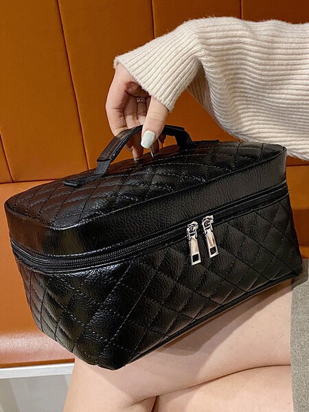 Fashionable capacious black handheld polyurethane cosmetic bag for…