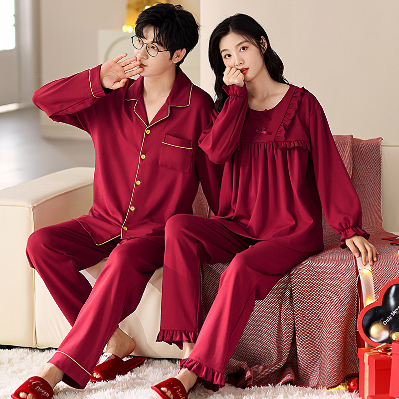 Red Newlywed Wedding Pajamas Couple Set for Men and Women Spring and Autum Pure Cotton Long-Sleeved Princess Style Bridal Home Clothes